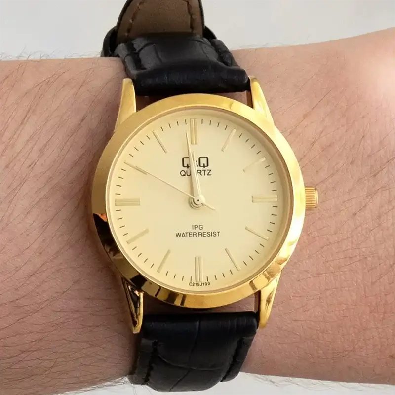 Q&Q Japan Quartz Black Dial Gold Bezel Men's Watch- C214J100Y